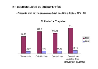 - Produção em t ha-1 na cana planta (LVd) m = 80% e Argila > 70% - PE
Colheita 1 - Trapiche
98,75
127,5
117,75
147
12,27 15,13 14,46 18,15
Testemunha Calcário 2ton Gesso 2 ton Gesso 1 ton
+calcário 1 ton
TCH
TAH
(Oliveira et al., 2005)
2.1. CONDICIONADOR DE SUB-SUPERFÍCIE
 