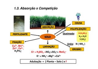 QueimadaQueimada::
ClCl-- > H> H33BOBO33 >>NONO33
-->SO>SO44
==>> MoOMoO44
==
KK++ > NH> NH44
++ >Mg>Mg2+2+ >Ca>Ca2+2+
Cu2+, Mn2+,
Zn2+, Fe2+,
H2PO4
-
1.3. Absorção x Competição
! " #
$$%% %%!!
&& '' &&
&&!!
UréiaUréia:: N ( NHN ( NH33 ))
 