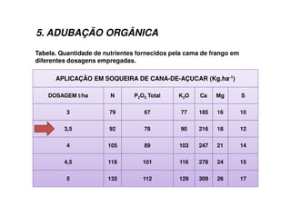 5. ADUBAÇÃO ORGÂNICA
APLICAÇÃO EM SOQUEIRA DE CANA-DE-AÇUCAR (Kg.ha-1)
DOSAGEM t/ha N P2O5 Total K2O Ca Mg S
3 79 67 77 185 16 10
3,5 92 78 90 216 18 12
4 105 89 103 247 21 14
4,5 119 101 116 278 24 15
5 132 112 129 309 26 17
Tabela. Quantidade de nutrientes fornecidos pela cama de frango em
diferentes dosagens empregadas.
 