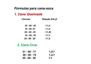 Fórmulas para cana-soca
1. Cana Queimada
Fórmula Relação N/K2O
22 - 00 - 30 1/1,3
18 - 00 -27 1/1,5
20 - 00 - 25 1/1,25
18 - 00 - 32 1/1,7
20 - 00 - 30 1/1,5
2. Cana Crua
21 - 00 - 17 1,2/1
20 - 00 - 15 1,3/1
20 - 00 - 20 1/1
 