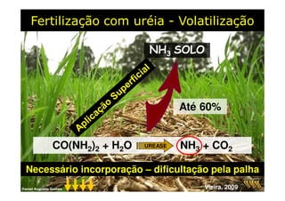 Até 60%
CO(NH2)2 + H2O NH3 + CO2
UREASE
Necessário incorporação – dificultação pela palha
Vieira, 2009
 