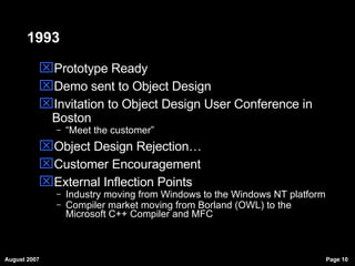 1993 Prototype Ready Demo sent to Object Design Invitation to Object Design User Conference in Boston “ Meet the customer” Object Design Rejection… Customer Encouragement External Inflection Points  Industry moving from Windows to the Windows NT platform Compiler market moving from Borland (OWL) to the Microsoft C++ Compiler and MFC 