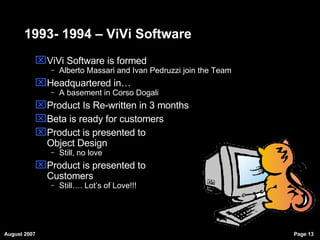 1993- 1994 – ViVi Software ViVi Software is formed Alberto Massari and Ivan Pedruzzi join the Team Headquartered in… A basement in Corso Dogali Product Is Re-written in 3 months Beta is ready for customers Product is presented to  Object Design Still, no love Product is presented to Customers Still…. Lot’s of Love!!! 