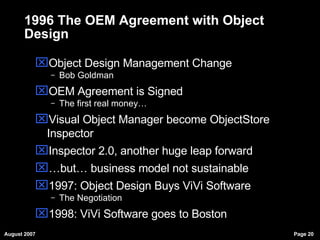 1996 The OEM Agreement with Object Design Object Design Management Change Bob Goldman OEM Agreement is Signed The first real money… Visual Object Manager become ObjectStore Inspector Inspector 2.0, another huge leap forward … but… business model not sustainable 1997: Object Design Buys ViVi Software The Negotiation 1998: ViVi Software goes to Boston 
