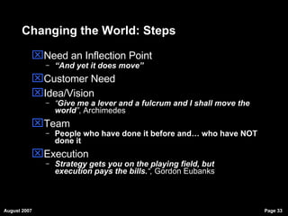 Changing the World: Steps Need an Inflection Point “ And yet it does move” Customer Need Idea/Vision “ Give me a lever and a fulcrum and I shall move the world ” , Archimedes Team People who have done it before and… who have NOT done it Execution Strategy gets you on the playing field, but  execution  execution pays the bills. “,  Gordon Eubanks 