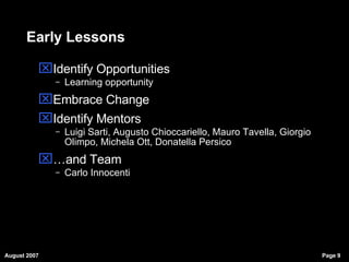 Early Lessons Identify Opportunities Learning opportunity Embrace Change Identify Mentors Luigi Sarti, Augusto Chioccariello, Mauro Tavella, Giorgio Olimpo, Michela Ott, Donatella Persico … and Team Carlo Innocenti 