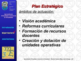 Aprendiendo Virtualidad a través de la Virtualidad – Ricardo Cuberos Mejía, José Indriago - LUZ Plan Estratégico ámbitos de actuación: Visión académica Reformas curriculares Formación de recursos docentes Creación y dotación de unidades operativas Universidad del Zulia Facultad de Arquitectura y Diseño Aprendiendo Virtualidad a través de la Virtualidad c o n c l u s i o n e s i n t r o d u c c i ó n  h i p e r t e c t u r a i n t r o d u c c i ó n  