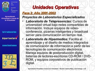 Aprendiendo Virtualidad a través de la Virtualidad – Ricardo Cuberos Mejía, José Indriago - LUZ Unidades Operativas Fase 2: Año 2001-2002 Proyectos de Laboratorios Especializados Laboratorio de Telepresencias:  Cursos de universidad virtual bajo redes compartidas de información. Incluye equipos de video-conferencia, pizarras inteligentes y broadcast server para comunicación en tiempo real. Laboratorio de Hipermedios:  Facilita el aprendizaje y el diseño de medios integrados de comunicación de información a partir de las tecnologías de comunicación electrónica. Maneja equipos de postproducción digital, baterías de lectores-escritores CD-ROM / DVD-ROM, y equipos corporativos de publicación digital. Universidad del Zulia Facultad de Arquitectura y Diseño Aprendiendo Virtualidad a través de la Virtualidad c o n c l u s i o n e s i n t r o d u c c i ó n  h i p e r t e c t u r a i n t r o d u c c i ó n  