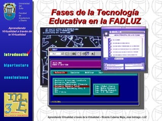 Aprendiendo Virtualidad a través de la Virtualidad – Ricardo Cuberos Mejía, José Indriago - LUZ Fases de la Tecnología Educativa en la FADLUZ Universidad del Zulia Facultad de Arquitectura y Diseño Aprendiendo Virtualidad a través de la Virtualidad c o n c l u s i o n e s i n t r o d u c c i ó n  h i p e r t e c t u r a i n t r o d u c c i ó n  i n t r o d u c c i ó n 