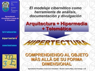 El modelaje cibernético como herramienta de análisis, documentación y divulgación Arquitectura + Hipermedia + Telemática COMPRENDIENDO AL OBJETO MÁS ALLÁ DE SU FORMA DIMENSIONAL HIPERTECTURA  Universidad del Zulia Facultad de Arquitectura y Diseño Aprendiendo Virtualidad a través de la Virtualidad c o n c l u s i o n e s i n t r o d u c c i ó n  h i p e r t e c t u r a i n t r o d u c c i ó n  Aprendiendo Virtualidad a través de la Virtualidad – Ricardo Cuberos Mejía, José Indriago - LUZ 