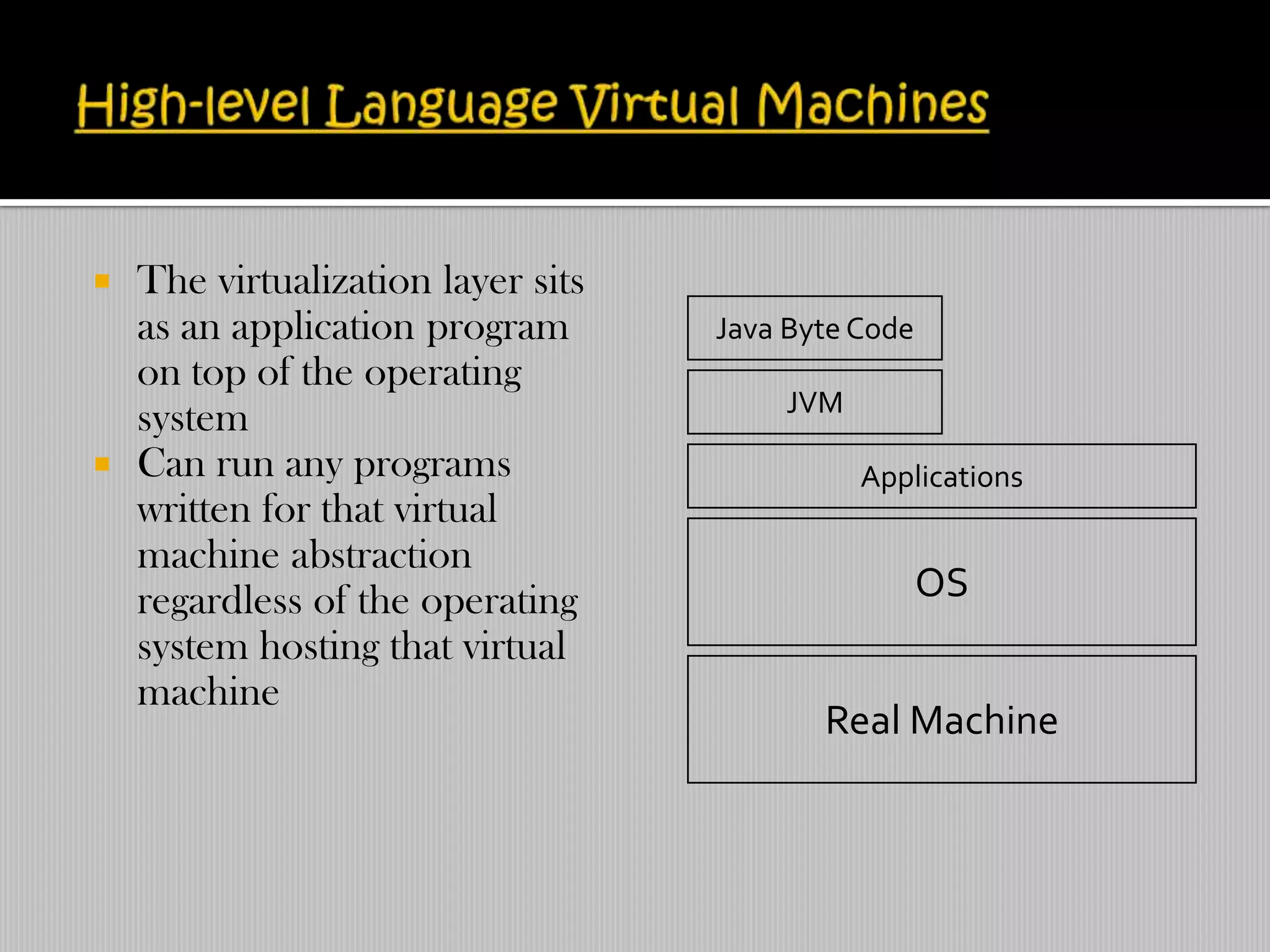    The virtualization layer sits
    as an application program       Java Byte Code
    on top of the operating
                                        JVM
    system
   Can run any programs                      Applications
    written for that virtual
    machine abstraction
    regardless of the operating                      OS
    system hosting that virtual
    machine
                                           Real Machine
 