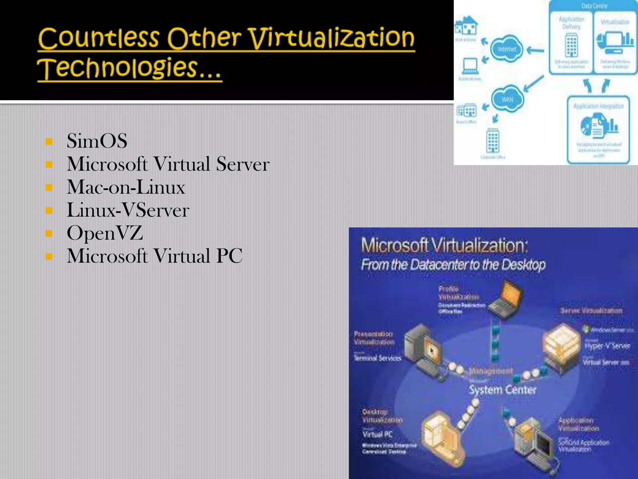    SimOS
   Microsoft Virtual Server
   Mac-on-Linux
   Linux-VServer
   OpenVZ
   Microsoft Virtual PC
 