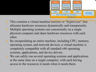  This contains a virtual machine monitor or “hypervisor” that
allocates hardware resources dynamically and transparently.
 Multiple operating systems run concurrently on a single
physical computer and share hardware resources with each
other.
 By encapsulating an entire machine, including CPU, memory,
operating system, and network devices, a virtual machine is
completely compatible with all standard x86 operating
systems, applications, and device drivers.
 We can safely run several operating systems and applications
at the same time on a single computer, with each having
access to the resources it needs when it needs them.
 
