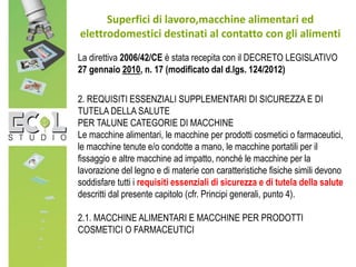Superfici di lavoro,macchine alimentari ed
elettrodomestici destinati al contatto con gli alimenti
La direttiva 2006/42/CE è stata recepita con il DECRETO LEGISLATIVO
27 gennaio 2010, n. 17 (modificato dal d.lgs. 124/2012)
2. REQUISITI ESSENZIALI SUPPLEMENTARI DI SICUREZZA E DI
TUTELA DELLA SALUTE
PER TALUNE CATEGORIE DI MACCHINE
Le macchine alimentari, le macchine per prodotti cosmetici o farmaceutici,
le macchine tenute e/o condotte a mano, le macchine portatili per il
fissaggio e altre macchine ad impatto, nonché le macchine per la
lavorazione del legno e di materie con caratteristiche fisiche simili devono
soddisfare tutti i requisiti essenziali di sicurezza e di tutela della salute
descritti dal presente capitolo (cfr. Principi generali, punto 4).
2.1. MACCHINE ALIMENTARI E MACCHINE PER PRODOTTI
COSMETICI O FARMACEUTICI
 