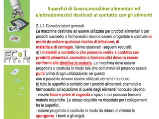 Superfici di lavoro,macchine alimentari ed
elettrodomestici destinati al contatto con gli alimenti
2.1.1. Considerazioni generali
Le macchine destinate ad essere utilizzate per prodotti alimentari o per
prodotti cosmetici o farmaceutici devono essere progettate e costruite in
modo da evitare qualsiasi rischio di infezione, di
malattia e di contagio. Vanno osservati i seguenti requisiti:
a) i materiali a contatto o che possono venire a contatto con
prodotti alimentari, cosmetici o farmaceutici devono essere
conformi alle direttive in materia. La macchina deve essere
progettata e costruita in modo tale che detti materiali possano essere
puliti prima di ogni utilizzazione; se questo
non è possibile devono essere utilizzati elementi monouso;
b) tutte le superfici a contatto con i prodotti alimentari, cosmetici o
farmaceutici ad eccezione di quelle degli elementi monouso devono:
- essere lisce e prive di rugosità o spazi in cui possono fermarsi
materie organiche. Lo stesso requisito va rispettato per i collegamenti
fra le superfici,
- essere progettate e costruite in modo da ridurre al minimo le
sporgenze, i bordi e gli angoli,
 