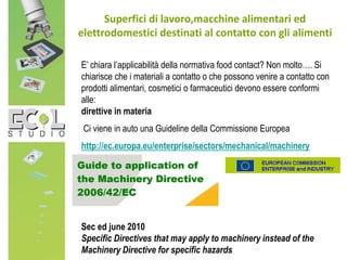 Superfici di lavoro,macchine alimentari ed
elettrodomestici destinati al contatto con gli alimenti
E’ chiara l’applicabilità della normativa food contact? Non molto…. Si
chiarisce che i materiali a contatto o che possono venire a contatto con
prodotti alimentari, cosmetici o farmaceutici devono essere conformi
alle:
direttive in materia
Ci viene in auto una Guideline della Commissione Europea
http://ec.europa.eu/enterprise/sectors/mechanical/machinery
Sec ed june 2010
Specific Directives that may apply to machinery instead of the
Machinery Directive for specific hazards
 