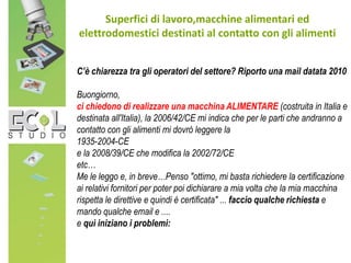 Superfici di lavoro,macchine alimentari ed
elettrodomestici destinati al contatto con gli alimenti
C’è chiarezza tra gli operatori del settore? Riporto una mail datata 2010
Buongiorno,
ci chiedono di realizzare una macchina ALIMENTARE (costruita in Italia e
destinata all'Italia), la 2006/42/CE mi indica che per le parti che andranno a
contatto con gli alimenti mi dovrò leggere la
1935-2004-CE
e la 2008/39/CE che modifica la 2002/72/CE
etc…
Me le leggo e, in breve…Penso "ottimo, mi basta richiedere la certificazione
ai relativi fornitori per poter poi dichiarare a mia volta che la mia macchina
rispetta le direttive e quindi è certificata" ... faccio qualche richiesta e
mando qualche email e ....
e quì iniziano i problemi:
 