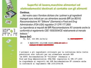 Superfici di lavoro,macchine alimentari ed
elettrodomestici destinati al contatto con gli alimenti
Continua..
….Nel nostro caso il fornitore dichiara che i polimeri e gli ingredienti
impiegati sono indicati per uso alimentare secondo BfR (ex BGVV)
Raccomandazione XV "Silikone" (Germania) e Food and Drug
Administration (FDA-USA) regulation 21 CFR 177.2600
La rispondenza ai requisiti del BfR Raccomandazione XV consente anche la
conformità al regolamento CEE 1935/2004/CE relativamente al mercato
tedesco.”
Segue DoC:
 