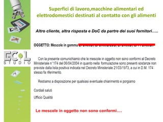 Superfici di lavoro,macchine alimentari ed
elettrodomestici destinati al contatto con gli alimenti
Altro cliente, altra risposta e DoC da partre dei suoi fornitori…..
Le mescole in oggetto non sono conformi….
 