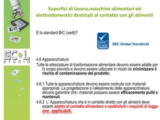 E lo standard BrC (ver6)?
4.6 Apparecchiature
Tutte le attrezzature di trasformazione alimentare devono essere adatte per
lo scopo previsto e devono essere utilizzate in modo da minimizzare il
rischio di contaminazione del prodotto.
4.6.1 Tutte le apparecchiature devono essere costruite con materiali
appropriati. La progettazione e l’allestimento delle apparecchiature
devono garantire che i materiali possano essere efficacemente puliti e
mantenuti.
4.6.2 L’ Apparecchiatura che è in contatto diretto con gli alimenti deve
essere adatta al contatto alimentare e soddisfare i requisiti di legge
ove applicabili.
Superfici di lavoro,macchine alimentari ed
elettrodomestici destinati al contatto con gli alimenti
 