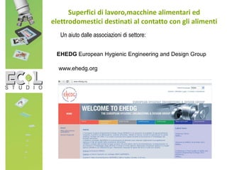 Superfici di lavoro,macchine alimentari ed
elettrodomestici destinati al contatto con gli alimenti
Un aiuto dalle associazioni di settore:
EHEDG European Hygienic Engineering and Design Group
www.ehedg.org
 