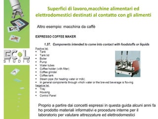 Superfici di lavoro,macchine alimentari ed
elettrodomestici destinati al contatto con gli alimenti
Altro esempio: macchina da caffè
Proprio a partire dai concetti espressi in questa guida alcuni anni fa
ho prodotto materiali informativi e procedure interne per il
laboratorio per valutare attrezzature ed elettrodomestici
 