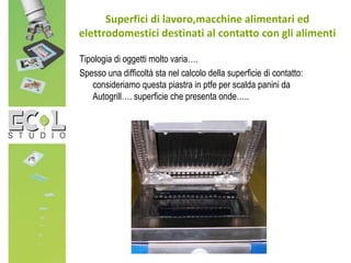 Tipologia di oggetti molto varia….
Spesso una difficoltà sta nel calcolo della superficie di contatto:
consideriamo questa piastra in ptfe per scalda panini da
Autogrill…. superficie che presenta onde…..
Superfici di lavoro,macchine alimentari ed
elettrodomestici destinati al contatto con gli alimenti
 