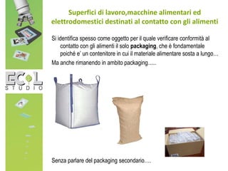 Si identifica spesso come oggetto per il quale verificare conformità al
contatto con gli alimenti il solo packaging, che è fondamentale
poiché e’ un contenitore in cui il materiale alimentare sosta a lungo…
Ma anche rimanendo in ambito packaging…..
Superfici di lavoro,macchine alimentari ed
elettrodomestici destinati al contatto con gli alimenti
Senza parlare del packaging secondario….
 