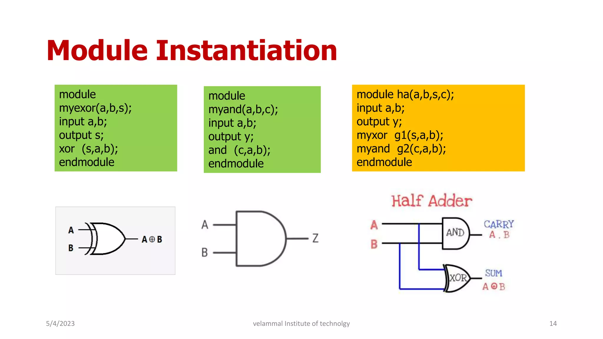 Module Instantiation
module
myexor(a,b,s);
input a,b;
output s;
xor (s,a,b);
endmodule
module
myand(a,b,c);
input a,b;
output y;
and (c,a,b);
endmodule
module ha(a,b,s,c);
input a,b;
output y;
myxor g1(s,a,b);
myand g2(c,a,b);
endmodule
5/4/2023 14
velammal Institute of technolgy
 