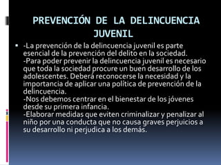 PREVENCIÓN DE LA DELINCUENCIA
JUVENIL
 -La prevención de la delincuencia juvenil es parte
esencial de la prevención del delito en la sociedad.
-Para poder prevenir la delincuencia juvenil es necesario
que toda la sociedad procure un buen desarrollo de los
adolescentes. Deberá reconocerse la necesidad y la
importancia de aplicar una política de prevención de la
delincuencia.
-Nos debemos centrar en el bienestar de los jóvenes
desde su primera infancia.
-Elaborar medidas que eviten criminalizar y penalizar al
niño por una conducta que no causa graves perjuicios a
su desarrollo ni perjudica a los demás.
 