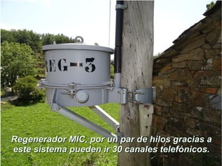 Regenerador MIC, por un par de hilos gracias aRegenerador MIC, por un par de hilos gracias a
este sistema pueden ir 30 canales telefónicos.este sistema pueden ir 30 canales telefónicos.
 