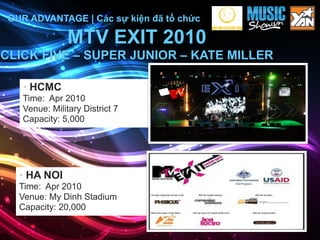 OUR ADVANTAGE | Các sự kiện đã tổ chức

               MTV EXIT 2010
CLICK FIVE – SUPER JUNIOR – KATE MILLER

   • HCMC
  ...