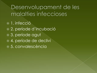  1. infecció
 2. període d’incubació
 3. període agut
 4. període de declivi
 5. convalescència
 