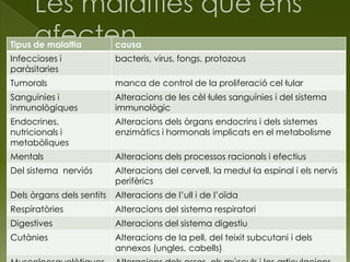 Tipus de malaltia causa
Infeccioses i
paràsitaries
bacteris, virus, fongs, protozous
Tumorals manca de control de la proliferació cel·lular
Sanguinies i
inmunològiques
Alteracions de les cèl·lules sanguínies i del sistema
immunològic
Endocrines,
nutricionals i
metabòliques
Alteracions dels òrgans endocrins i dels sistemes
enzimàtics i hormonals implicats en el metabolisme
Mentals Alteracions dels processos racionals i efectius
Del sistema nerviós Alteracions del cervell, la medul·la espinal i els nervis
perifèrics
Dels òrgans dels sentits Alteracions de l’ull i de l’oïda
Respiratòries Alteracions del sistema respiratori
Digestives Alteracions del sistema digestiu
Cutànies Alteracions de la pell, del teixit subcutani i dels
annexos (ungles, cabells)
 
