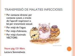 TRANSMISSIÓ DE MALATIES INFECCIOSES
 Per contacte directe: per
contacte cutani, a través
de l’aparell respiratori o
bé per transmissió sexual.
 Per mitjà de l’aigua.
 Per mitjà d’aliments.
 Per mitjà d’animals:
VECTORS
Veure pàg 121 llibre
Lectura Semmelweis
 