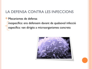 LA DEFENSA CONTRA LES INFECCIONS
 Mecanismes de defensa
inespecífics: ens defensem davant de qualsevol infecció
específics: van dirigits a microorganismes concrets
 