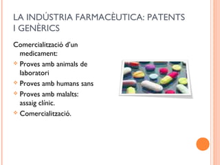 LA INDÚSTRIA FARMACÈUTICA: PATENTS
I GENÈRICS
Comercialització d’un
medicament:
 Proves amb animals de
laboratori
 Proves amb humans sans
 Proves amb malalts:
assaig clínic.
 Comercialització.
 