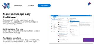 Identification
Automatically display topic cards across
Microsoft 365 apps to discover knowledge in
the context of your work.
Let knowledge find you
Show topic highlights and display topic cards in
any Microsoft 365 app.
Find topics anywhere
Give people the knowledge they need anytime,
anywhere by using Search to discover topics.
Make knowledge easy
to discover
Curation Discovery
demo
 