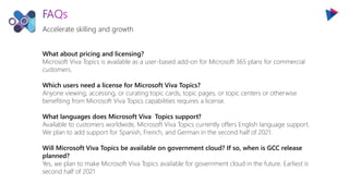 Accelerate skilling and growth
What about pricing and licensing?
Microsoft Viva Topics is available as a user-based add-on for Microsoft 365 plans for commercial
customers.
Which users need a license for Microsoft Viva Topics?
Anyone viewing, accessing, or curating topic cards, topic pages, or topic centers or otherwise
benefiting from Microsoft Viva Topics capabilities requires a license.
What languages does Microsoft Viva Topics support?
Available to customers worldwide, Microsoft Viva Topics currently offers English language support.
We plan to add support for Spanish, French, and German in the second half of 2021.
Will Microsoft Viva Topics be available on government cloud? If so, when is GCC release
planned?
Yes, we plan to make Microsoft Viva Topics available for government cloud in the future. Earliest is
second half of 2021
 
