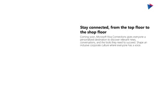 Stay connected, from the top floor to
the shop floor
Coming soon, Microsoft Viva Connections gives everyone a
personalized destination to discover relevant news,
conversations, and the tools they need to succeed. Shape an
inclusive corporate culture where everyone has a voice.
 