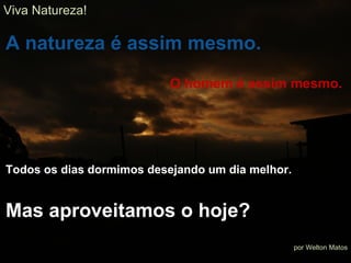 A natureza é assim mesmo. O homem é assim mesmo. Todos os dias dormimos desejando um dia melhor. Mas aproveitamos o hoje? Viva Natureza! por Welton Matos 