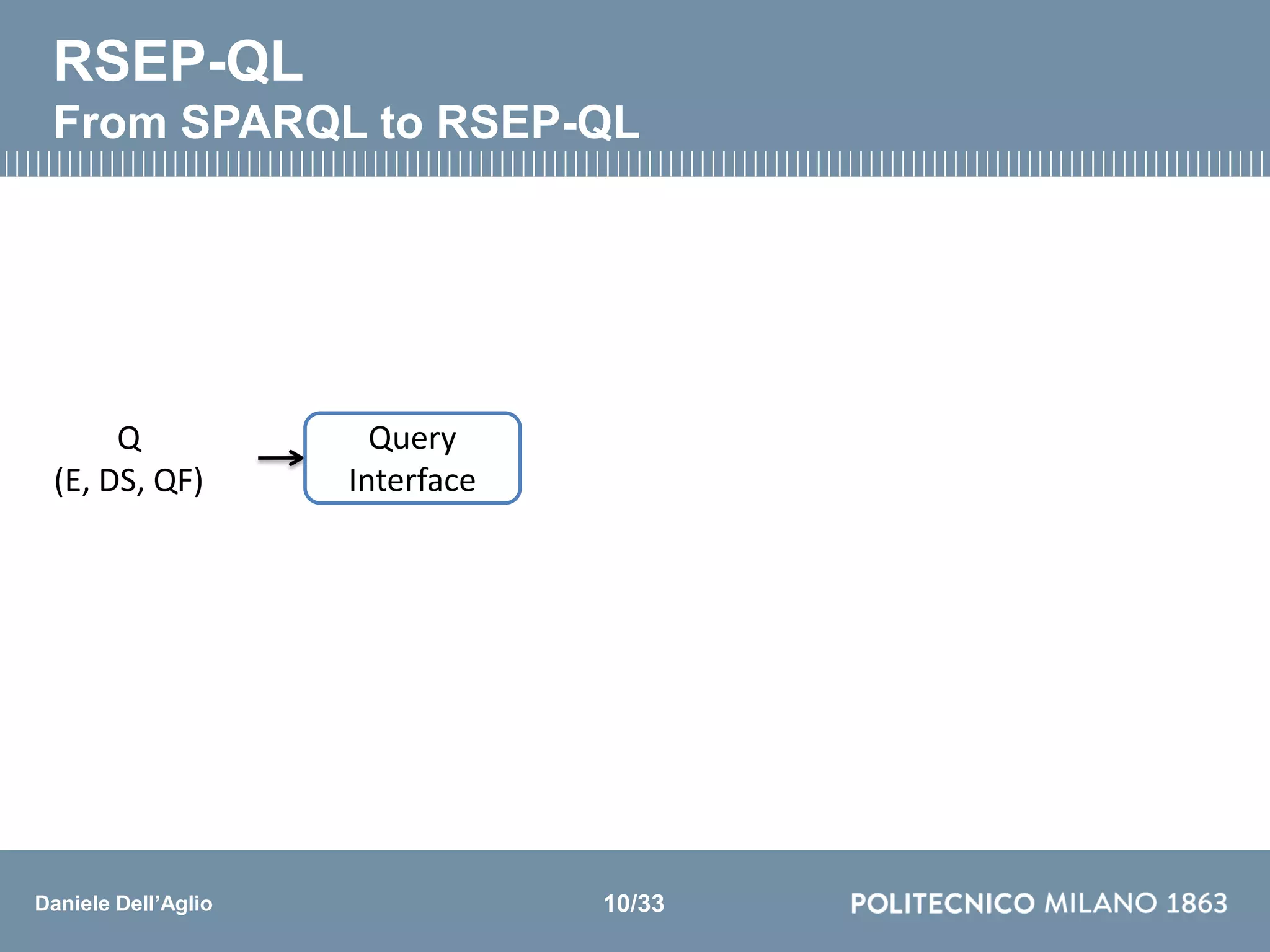 Daniele Dell’Aglio
Q
(E, DS, QF)
RSEP-QL
From SPARQL to RSEP-QL
Query
Interface
10/33
 