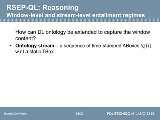 Daniele Dell’Aglio
RSEP-QL: Reasoning
Window-level and stream-level entailment regimes
How can DL ontology be extended to ...