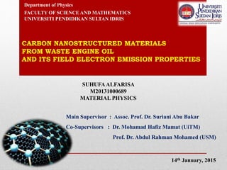 Department of Physics
FACULTY OF SCIENCE AND MATHEMATICS
UNIVERSITI PENDIDIKAN SULTAN IDRIS
CARBON NANOSTRUCTURED MATERIALS
FROM WASTE ENGINE OIL
AND ITS FIELD ELECTRON EMISSION PROPERTIES
Main Supervisor : Assoc. Prof. Dr. Suriani Abu Bakar
Co-Supervisors : Dr. Mohamad Hafiz Mamat (UiTM)
Prof. Dr. Abdul Rahman Mohamed (USM)
SUHUFAALFARISA
M20131000689
MATERIAL PHYSICS
14th January, 2015
 