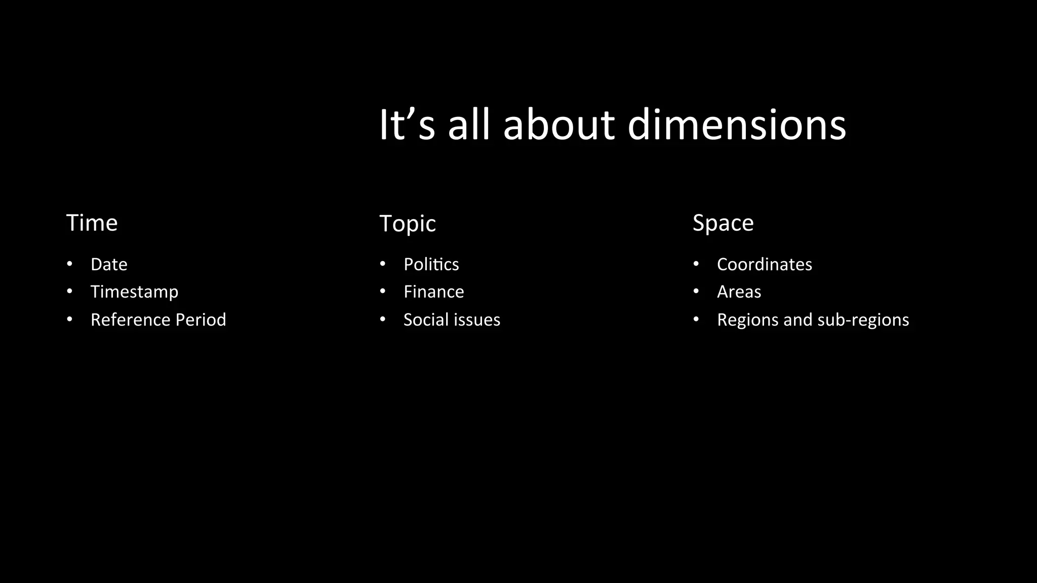 It’s	
  all	
  about	
  dimensions	
  
Time	
  
•  Date	
  
•  Timestamp	
  
•  Reference	
  Period	
  
Topic 	
  	
  
•  PoliPcs	
  
•  Finance	
  
•  Social	
  issues	
  
Space	
  
•  Coordinates	
  
•  Areas	
  
•  Regions	
  and	
  sub-­‐regions	
  
 