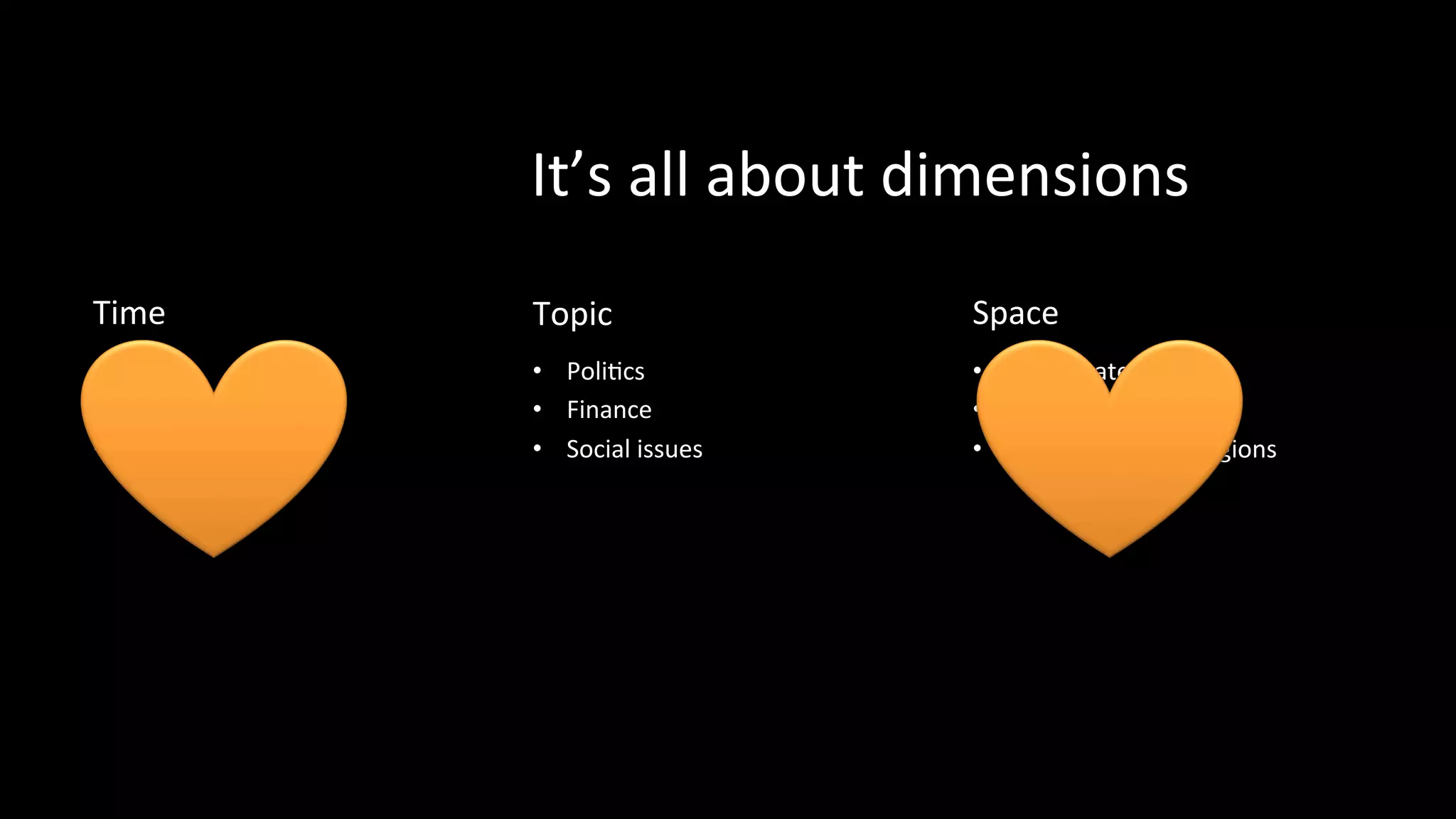 It’s	
  all	
  about	
  dimensions	
  
Time	
  
•  Date	
  
•  Timestamp	
  
•  Reference	
  Period	
  
Topic 	
  	
  
•  PoliPcs	
  
•  Finance	
  
•  Social	
  issues	
  
Space	
  
•  Coordinates	
  
•  Areas	
  
•  Regions	
  and	
  sub-­‐regions	
  
 