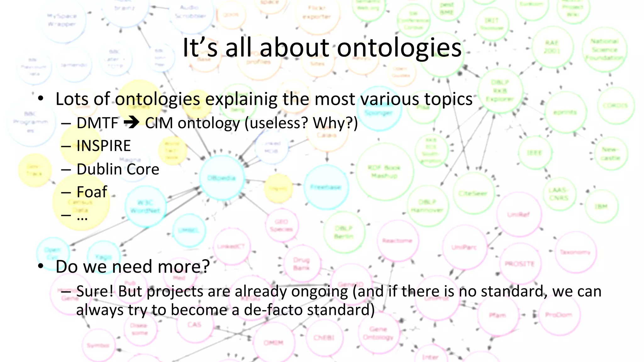 It’s	
  all	
  about	
  ontologies	
  
•  Lots	
  of	
  ontologies	
  explainig	
  the	
  most	
  various	
  topics	
  
–  DMTF	
  è	
  CIM	
  ontology	
  (useless?	
  Why?)	
  
–  INSPIRE	
  
–  Dublin	
  Core	
  
–  Foaf	
  
–  …	
  
•  Do	
  we	
  need	
  more?	
  	
  
–  Sure!	
  But	
  projects	
  are	
  already	
  ongoing	
  (and	
  if	
  there	
  is	
  no	
  standard,	
  we	
  can	
  
always	
  try	
  to	
  become	
  a	
  de-­‐facto	
  standard)	
  
 