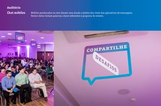 Auditório
Chat móbiles Móbiles pendurados no teto davam uma alusão a balões dos chats dos aplicativos de mensagens.
Dentro deles tinham palavras-chave referentes à proposta do evento.
 