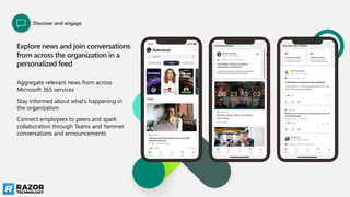 Explore news and join conversations
from across the organization in a
personalized feed
Aggregate relevant news from across
Microsoft 365 services
Stay informed about what’s happening in
the organization
Connect employees to peers and spark
collaboration through Teams and Yammer
conversations and announcements
Discover and engage
 