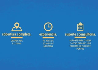 experiência.
HÁ MAIS DE
30 ANOS DE
MERCADO
cobertura completa.
GRANDE ABC
E LITORAL
suporte | consultoria.
SUPORTE PARA O MÍDIA
E APOIO PARA MELHOR
SELEÇÃO DE PLACAS E
PONTOS
 